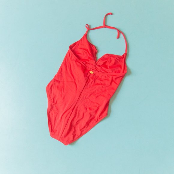 St John Swim Vintage 90s Red Ruched Bedazzled Gem Halter Neck One Piece Sz 8 - Picture 3 of 5